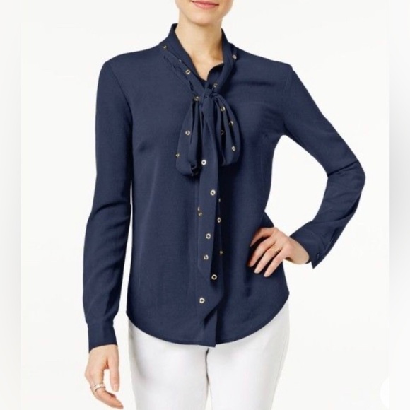 NWOT Michael Kors Navy Blue Tie Neck Blouse - Picture 1 of 13